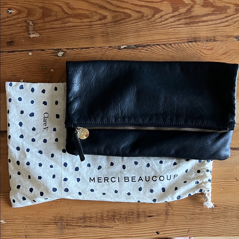 Clare V Black Leather Pouch with Gold Zipper